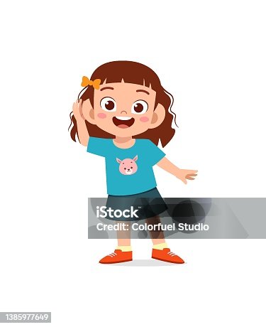 istock little girl standing and try to hear sound 1385977649