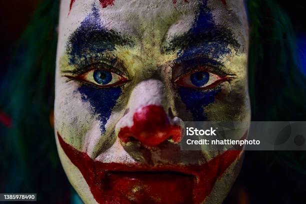 Creepy Evil Clown Mannequin Face Close Up Image High Resolution Against A Dark Background Stock Photo - Download Image Now