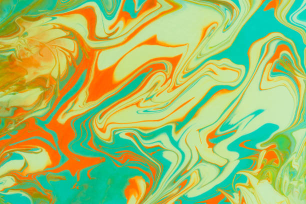 Turquoise orange beige acrylic fluid art. Abstract creative spring background. Artistic floral background. Dynamic lines, movement, contrast splash. Design of holiday cards. Fashionable marble texture