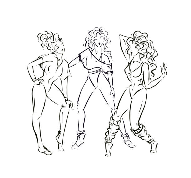 ilustrações de stock, clip art, desenhos animados e ícones de group of three women in sportswear and poses of retro 80s aerobics, illustration isolated on white - group of people 1980s style image created 1980s exercising
