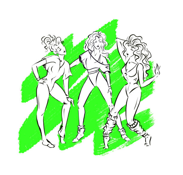 ilustrações de stock, clip art, desenhos animados e ícones de group of three women in sportswear and poses of retro 80s aerobics on green neon background - group of people 1980s style image created 1980s exercising