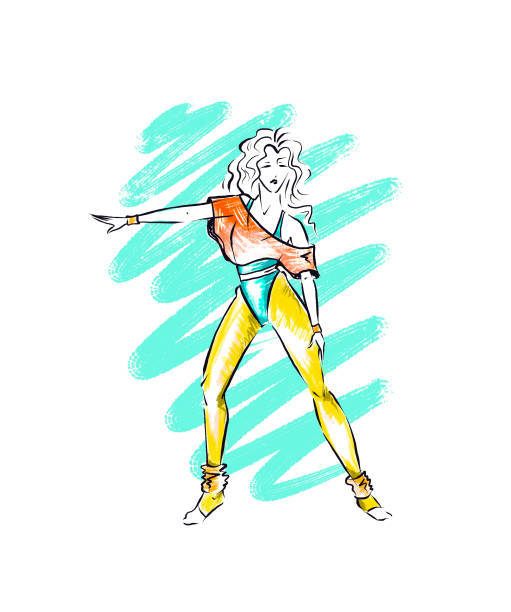 One woman in sportswear and pose of retro 80s aerobics, fashion sketch color illustration on neon background One woman in sportswear and pose of retro 80s aerobics, fashion sketch color illustration on neon background 80s aerobics stock illustrations