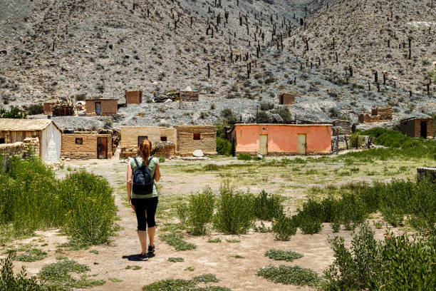 mujer turista camina hacia casas de adobe en san bernardo de las zorras en salta, argentina - photography north america cactus plant fotografías e imágenes de stock