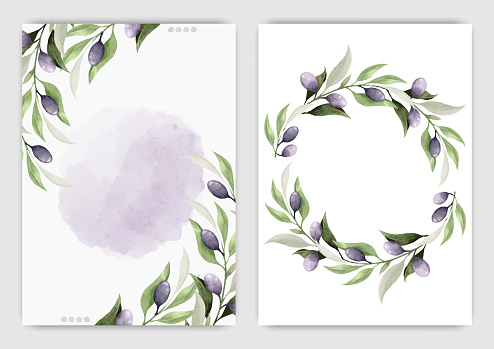Watercolor of olives leaves background vector template design great for cards, banners, headers, party posters or decorate your artwork.