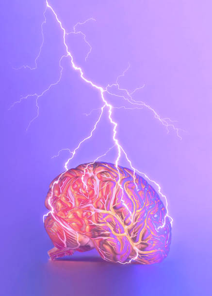 istock Lighting strikes glowing brain on isolated neon purple-pink gradient background. Cyberspace surreal concept. Vaporwave creative futuristic card. Minimal immersive, cyberpunk, abstract 3D illustration. 1385985543