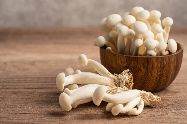 istock Shimeji, Fresh white bunapi mushrooms from Asia in wooden bowl. 1385985553