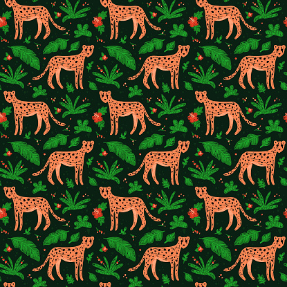 Seamless pattern of African cheetah in jungle, exotic Africa animal background with leopard or jaguar