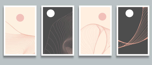 Vector Modern Trendy Cards Set With Line Art Geometric Pattern Minimalism Banners Design Elements Collection,Abstract Background vector art illustration