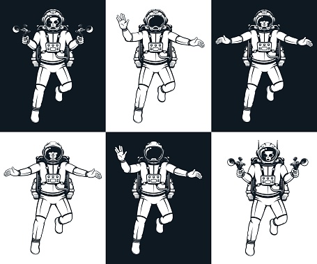 Astronaut in spacesuit retro style. Isolated cosmonaut in comic book style. Alien astronaut in spacesuit and with blasters. Vector image.