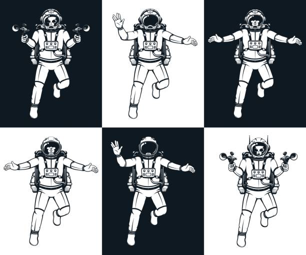 Astronaut in spacesuit retro style Astronaut in spacesuit retro style. Isolated cosmonaut in comic book style. Alien astronaut in spacesuit and with blasters. Vector image. vulcan salute stock illustrations