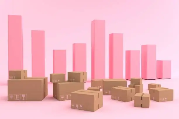 Photo of 3D rendering of  mock up of pink bar chart sort high low surrounded by variety of cardboard box and boxes of various sizes. Business on mobile and transportation concept, isolated on pink background.