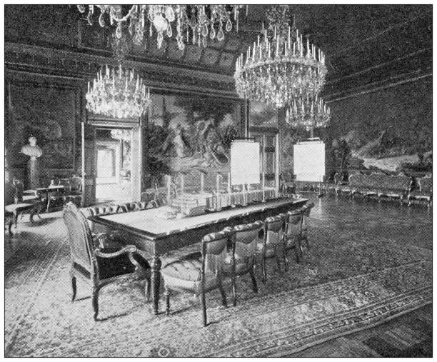 античные фотографии швеции: королевский дворец, зал совета - stadsholmen stock illustrations