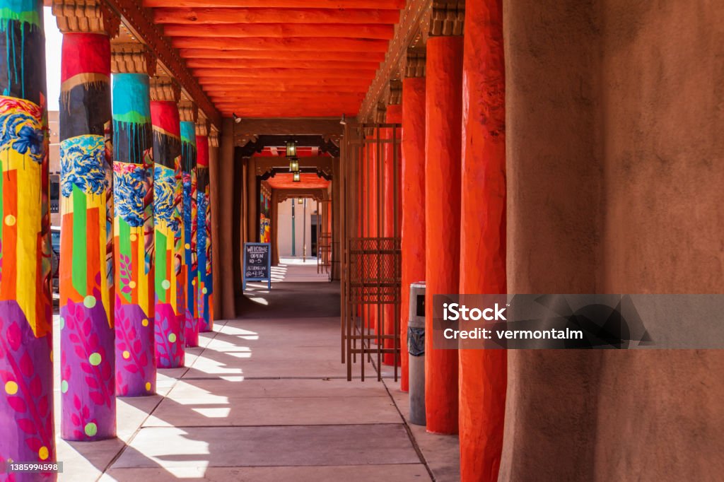 colorfully painted columns on the plaza in Santa Fe, New Mexico Santa Fe - New Mexico Stock Photo