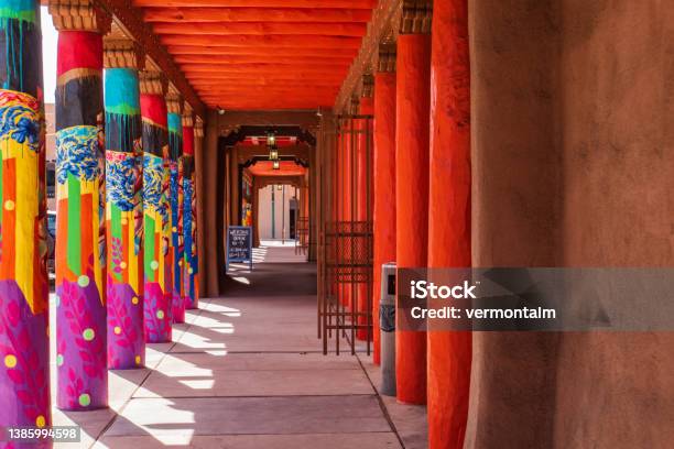 Colorfully Painted Columns On The Plaza In Santa Fe New Mexico Stock Photo - Download Image Now