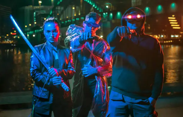 Masked gang of youths in Cyberpunk city