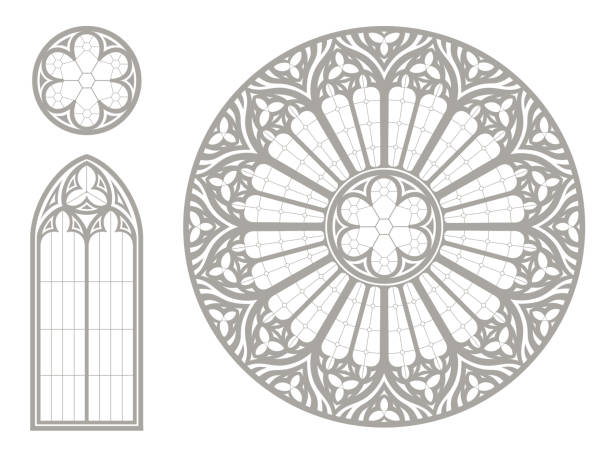 illustrazioni stock, clip art, cartoni animati e icone di tendenza di gotico medievale colorato struttura rotonda della finestra - gotico