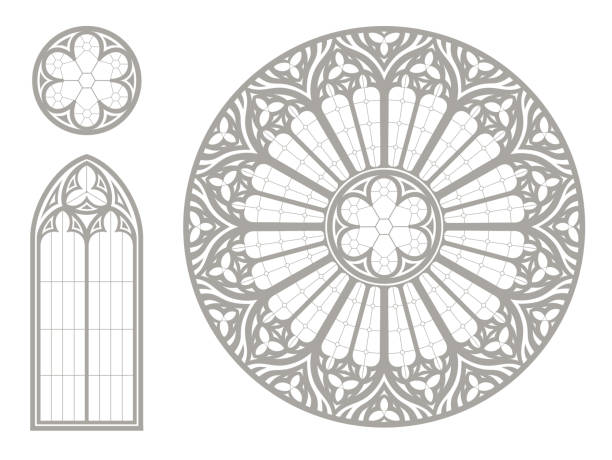 Medieval Gothic stained glass round window texture Realistic Gothic medieval stained glass window and stone arch with a shadow. Transparent shadow. Background or texture. Architectural element gothic style stock illustrations