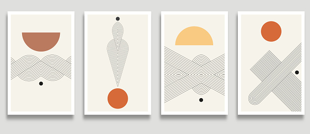 Vector Modern Trendy Cards Set With Line Art Geometric Pattern Minimalism Banners Design Elements Collection,Abstract Background