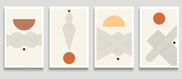 Vector illustration of Vector Modern Trendy Cards Set With Line Art Geometric Pattern Minimalism Banners Design Elements Collection,Abstract Background