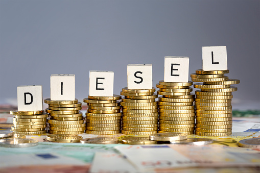 Concept of rising costs for energy in Germany. Gasoline, Diesel. Steigende Dieselkosten in Deutschland.