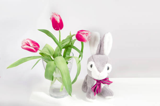 three red tulips and easter bunny on a white background close close up, springtime