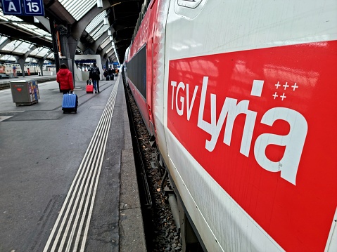 TGV Lyria railway lines connecting France and Switzerland. The image shows aTGV Lyria Euroduplex train (double-deck) Train at Zurich Main Railway Station.
