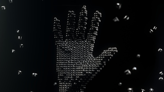 Abstract Digital Hand presentation - 3d rendered image on black background.  Pixelated view,voxel cubes blocks parts.  Artificial Intelligence (AI), Virtual Reality (VR), Augmented Reality (AR), Blockchain technology, Network  security, Social Media, Machine Deep learning concept. Copy space.
