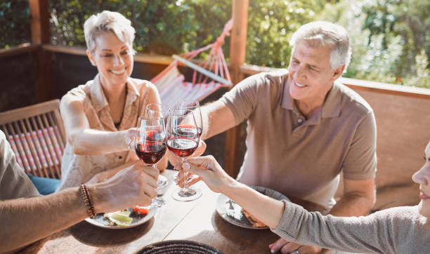 shot of a senior couple sitting with their family and toasting with wine during lunch - routine foods and drinks clothing household equipment imagens e fotografias de stock