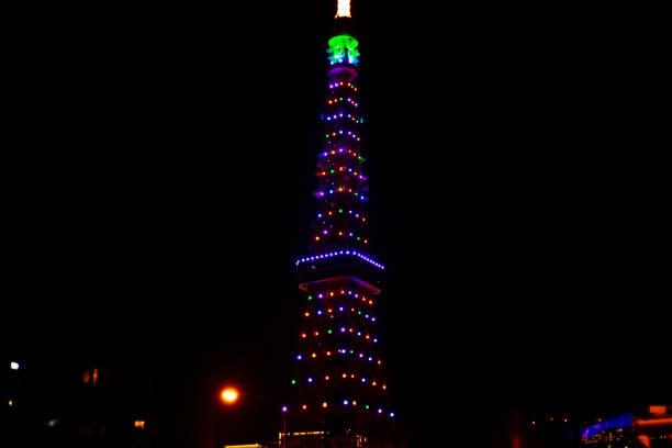 An illuminated Tokyo Tower at night wide shot. High quality photo. Minato district Shibakoen Tokyo Japan 05.04.2022 It is center of the city in Tokyo.