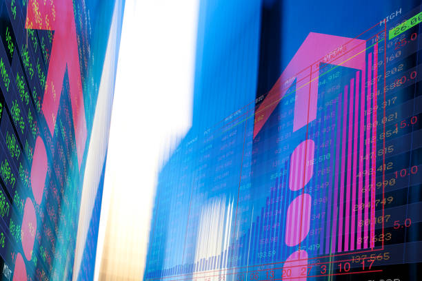 istock Graph, Arrows and Trading Screen Data with blurred office buildings. 1386023687