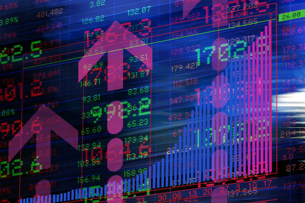 istock Graph, Arrows and Trading Screen Data with blurred office buildings. 1386023752