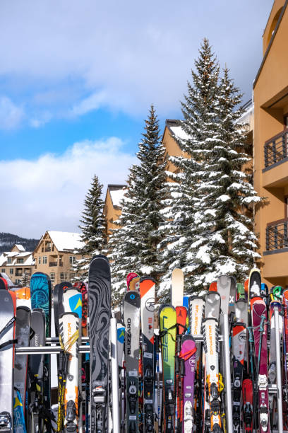 Skis in racks near Quicksilver lift in Breckenridge, Colorado, in March of 2022.