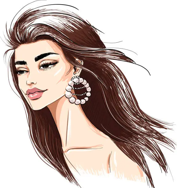 Vector illustration of Tender woman with pearls earring and windy hair