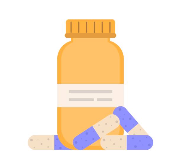 Pills capsules in medical bottle Isolated on white background. Pill bottle. Medicine container. Pills lie on the background of bottle. Flat vector illustration. Pills capsules in medical bottle Isolated on white background. Pill bottle. Medicine container. Pills lie on the background of bottle. Flat vector illustration. laboratory clipart stock illustrations