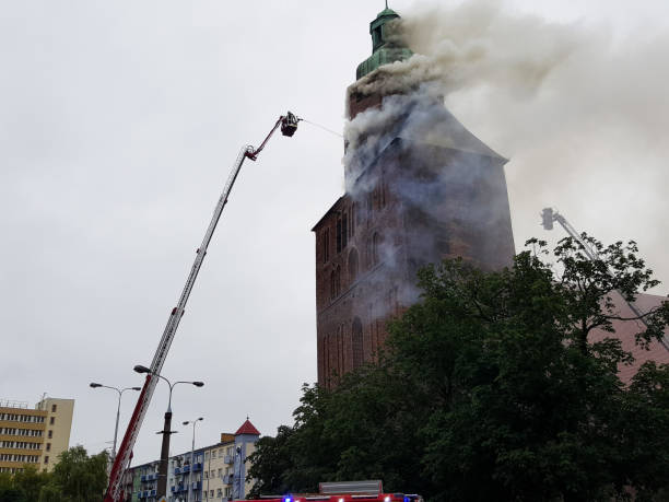 istock The old European cathedral is on fire 1386031004