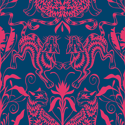 Seamless symmetric geometric pattern. Kaleidoscope style. Mirror reflection. Silhouettes of cheetah, leopard, panther, gepard, wild cat. Art nouveau, rococo, baroque style. Good for wallpaper, textile