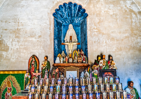 Mary Crucifix Chapel Candles Garden Mission San Xavier del Bac Catholic Church Tucson Arizona Founded 1692