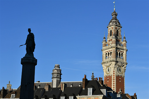 Lille, France-02 28 2022: The Column of the Goddess is the popular name given by the citizens of Lille (France) to the Memorial of the Siege of 1792. The memorial is still in the center of the Grand′ Place (central square) of Lille, and the Belfry in the background.