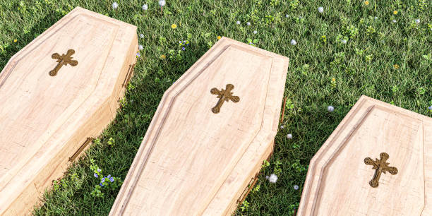 istock wooden brown coffin on grass 3d illustration 1386032150