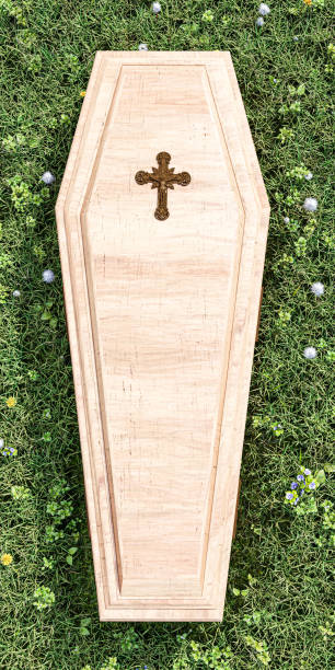 istock wooden brown coffin on grass 3d illustration 1386032326