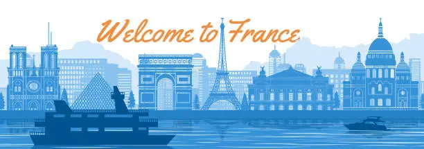 Vector illustration of France famous landmark with blue and white color design