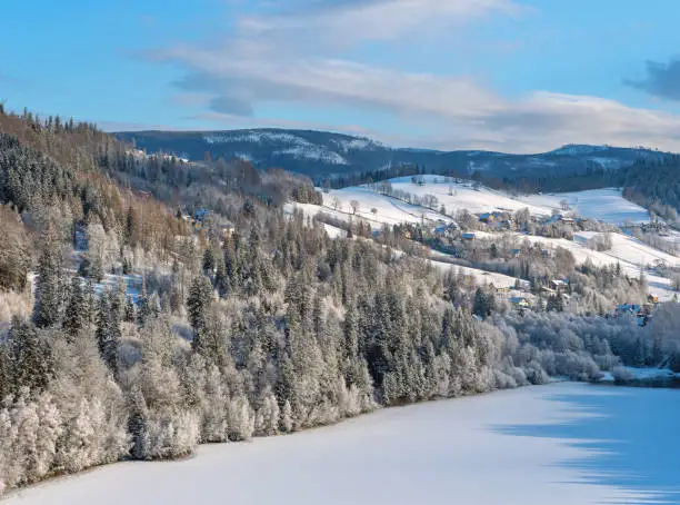 Silesian Beskid in winter. Czernianskie Lake on the Vistula River. Poland. Frosty morning