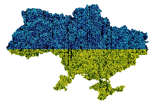 Ukraine map with sunflower field texture. In blue and yellow colors
