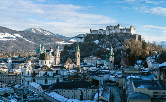 Sight  towards the center of the city. The Fortress Hohensalzburg can be seen located on a mountain