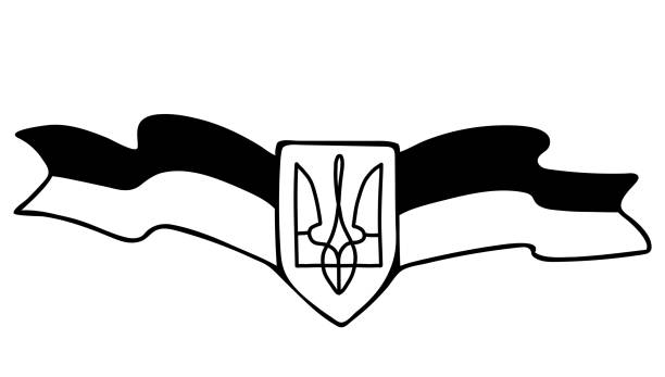 ilustraciones, imágenes clip art, dibujos animados e iconos de stock de símbolo ucraniano. el escudo de armas del país es tridente y bandera. ilustración vectorial. garabato lineal dibujado a mano. para el diseño y la decoración de temas ucranianos - ukraine trident ukrainian culture coat of arms