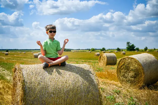 Photo of Little boy sits on a round haystack relaxed and meditating. Field with round bales after harvest under blue sky. Big round bales of straw, sheaves, haystacks