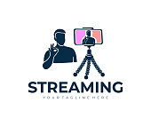 Man streaming or stream a live video from smartphone, design. Broadcast live video lecture or educational webinar, vlogging at home, vector design and illustration