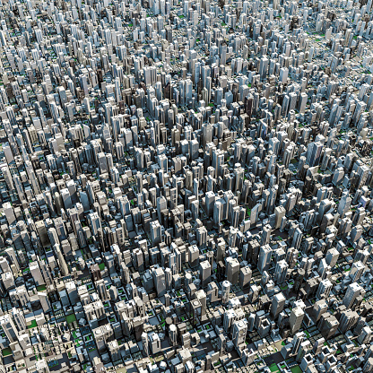 3D illustration of aerial view of vast sprawling modern metropolis in daylight