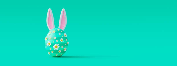 istock Creative Easter egg with flowers and bunny ears on green background. Minimal concept with copy space 3d render 1386038746