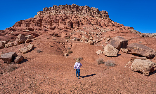 Toddler girl exploring the breathtakingly beautiful scenery of Marble Canyon in Vermillion Cliffs National Monument near Page, AZ.